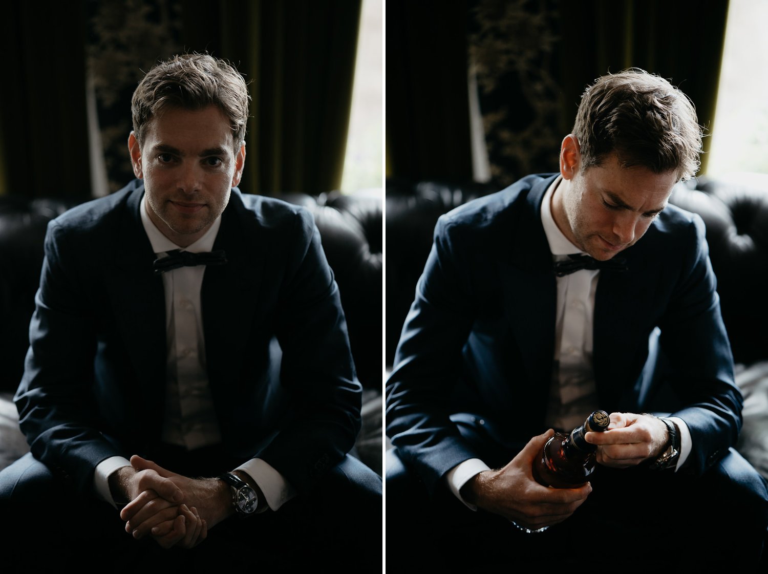 Bruidegom die zich klaarmaakt voor zijn bruiloft fotografie door Mark Hadden