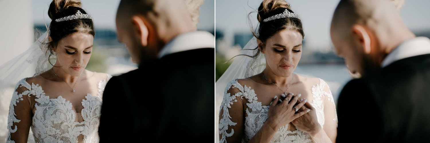 Kareline_Amir_115copy - Bride wearing diadem holding hands on chest during wedding ceremony in amsterdam.jpg
