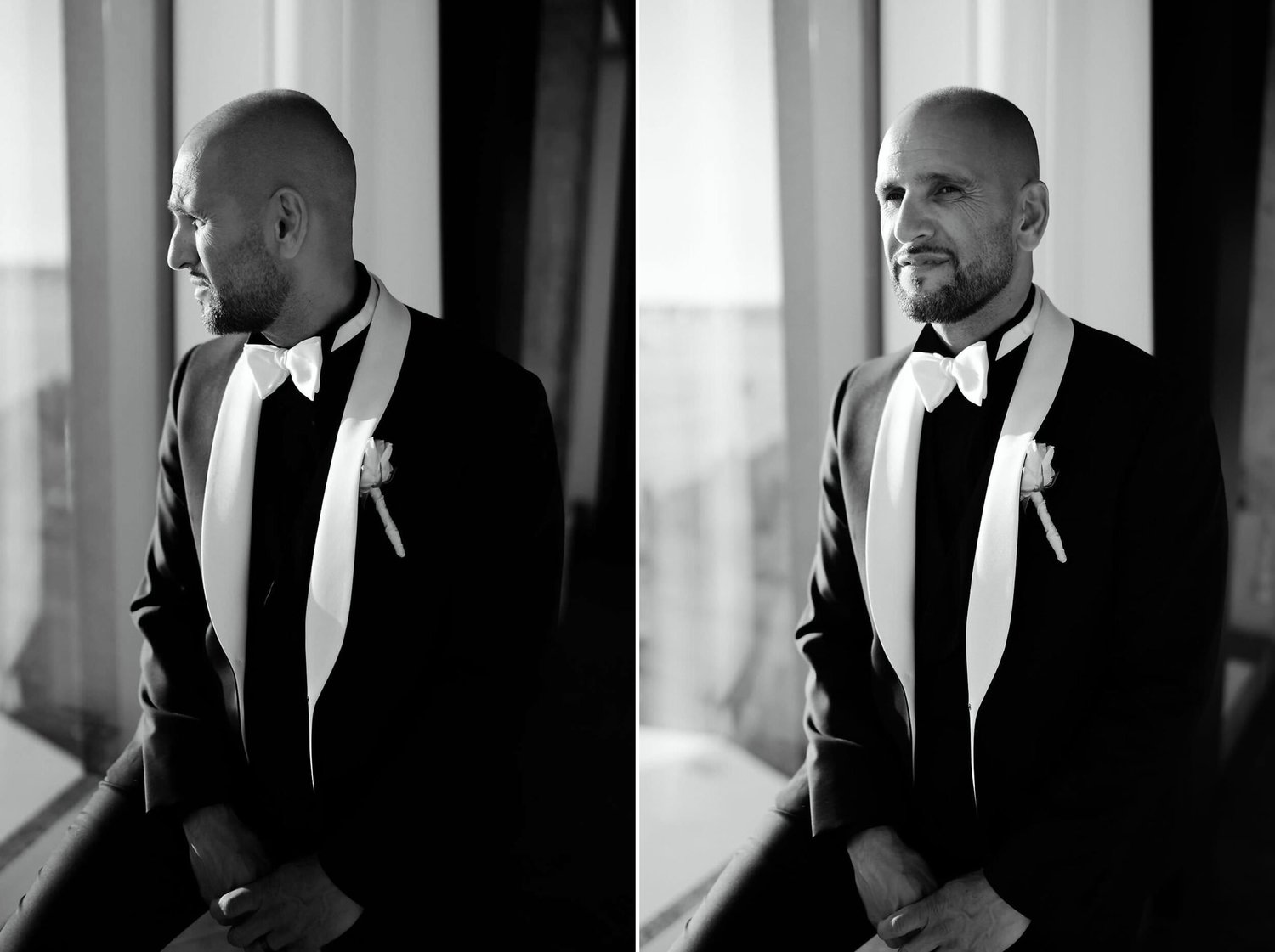Kareline_Amir_279copy - Groom wearing tuxedo sitting and waiting in amsterdam a'dam tower during wedding photoshoot.jpg