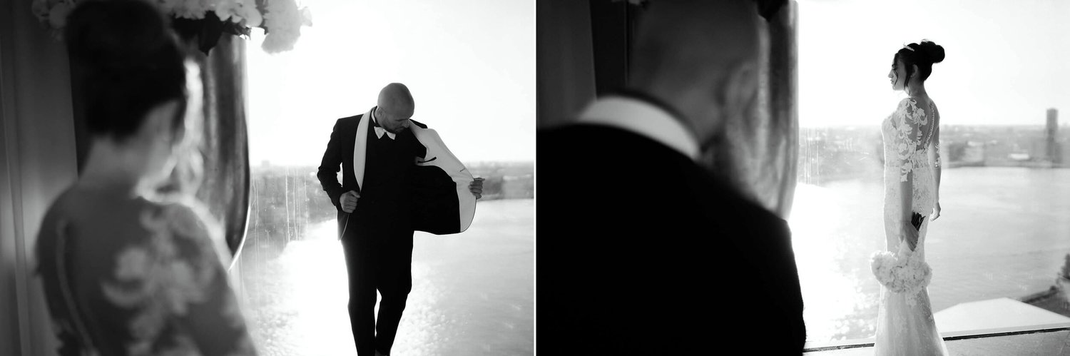 Kareline_Amir_294_2copy - Bride and groom wearing wedding suits, posing in loft in amsterdam near a'dam tower.jpg
