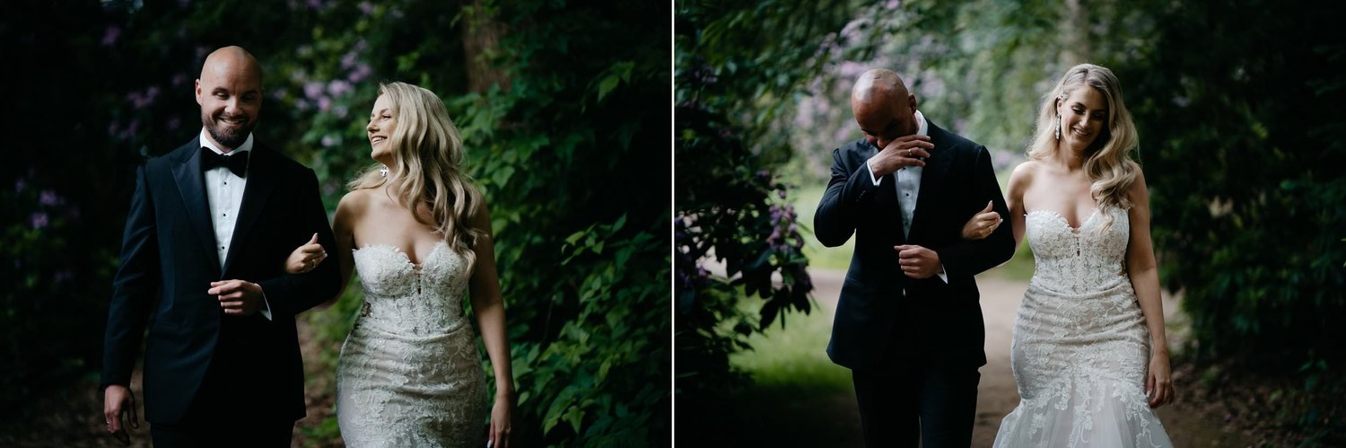 Newlywed couple walking arm in arm, enjoying a romantic moment in a lush green park at  landgoed rhederoord, arnhem